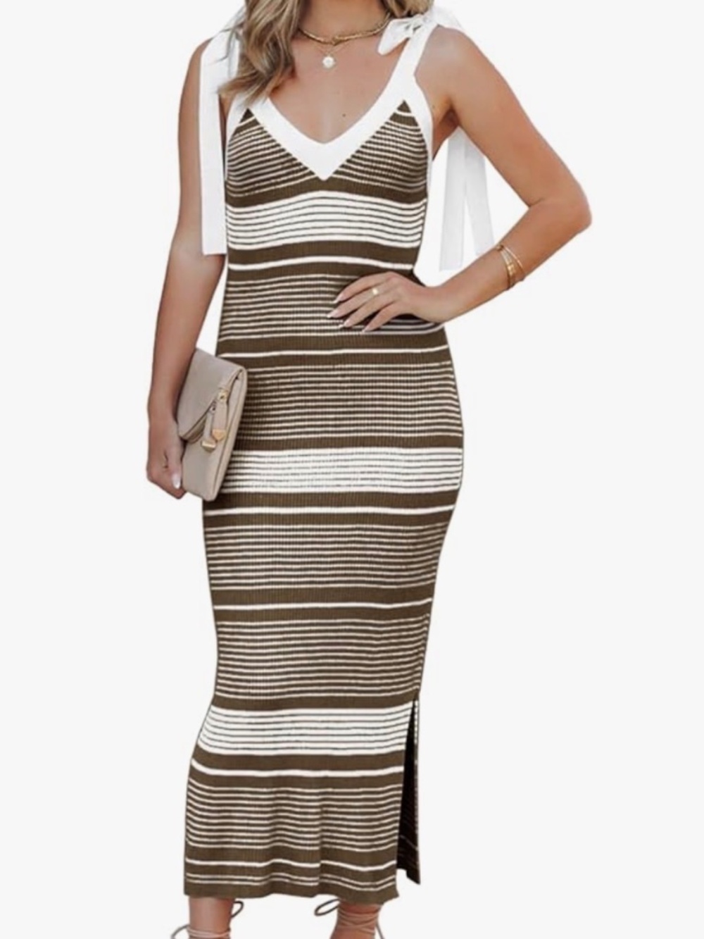 A189 Saodimallsu Womens Summer Midi Bodycon Sweater Dress Sexy V Neck Tie Should